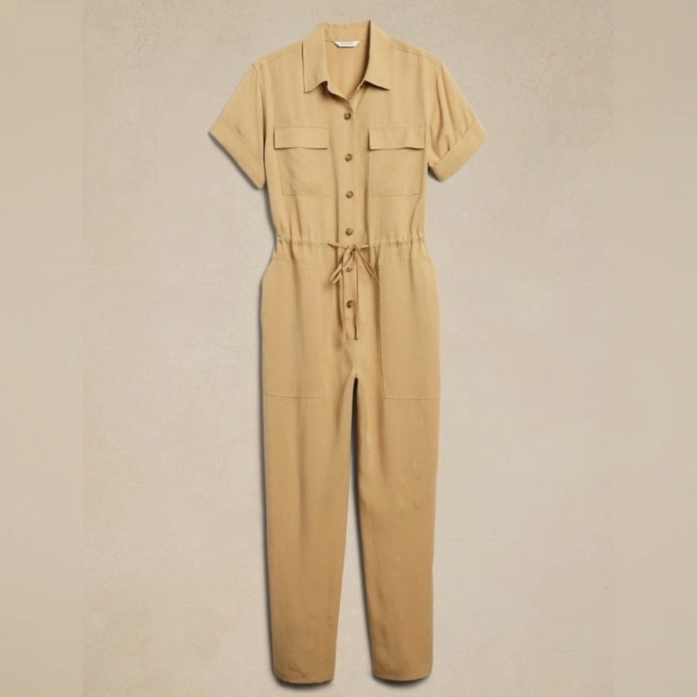 Beige Short-Sleeve Utility Jumpsuit